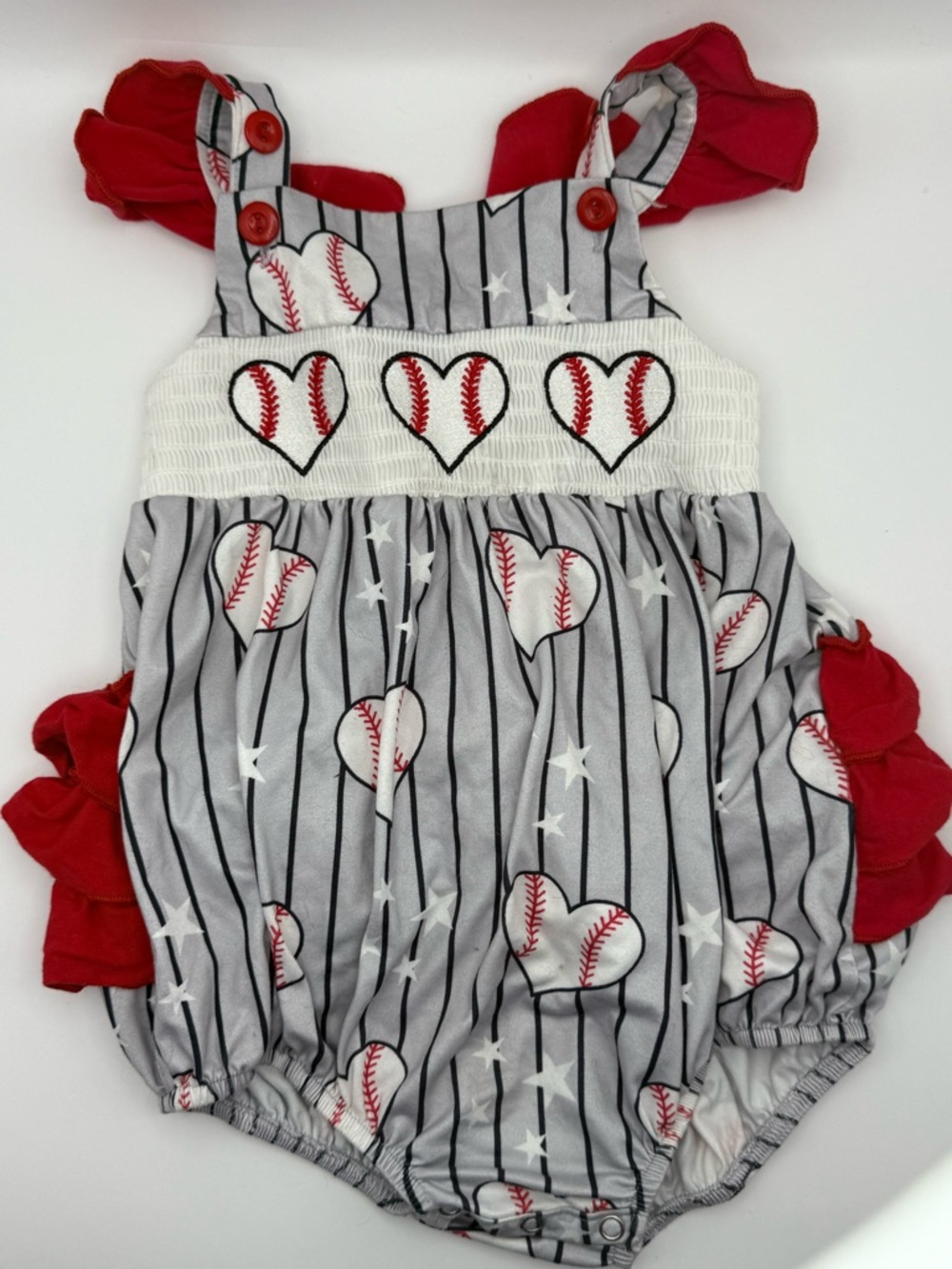 Baseball Heart Baby Girl Romper 18-24M Red Ruffle Cute Summer Outfit